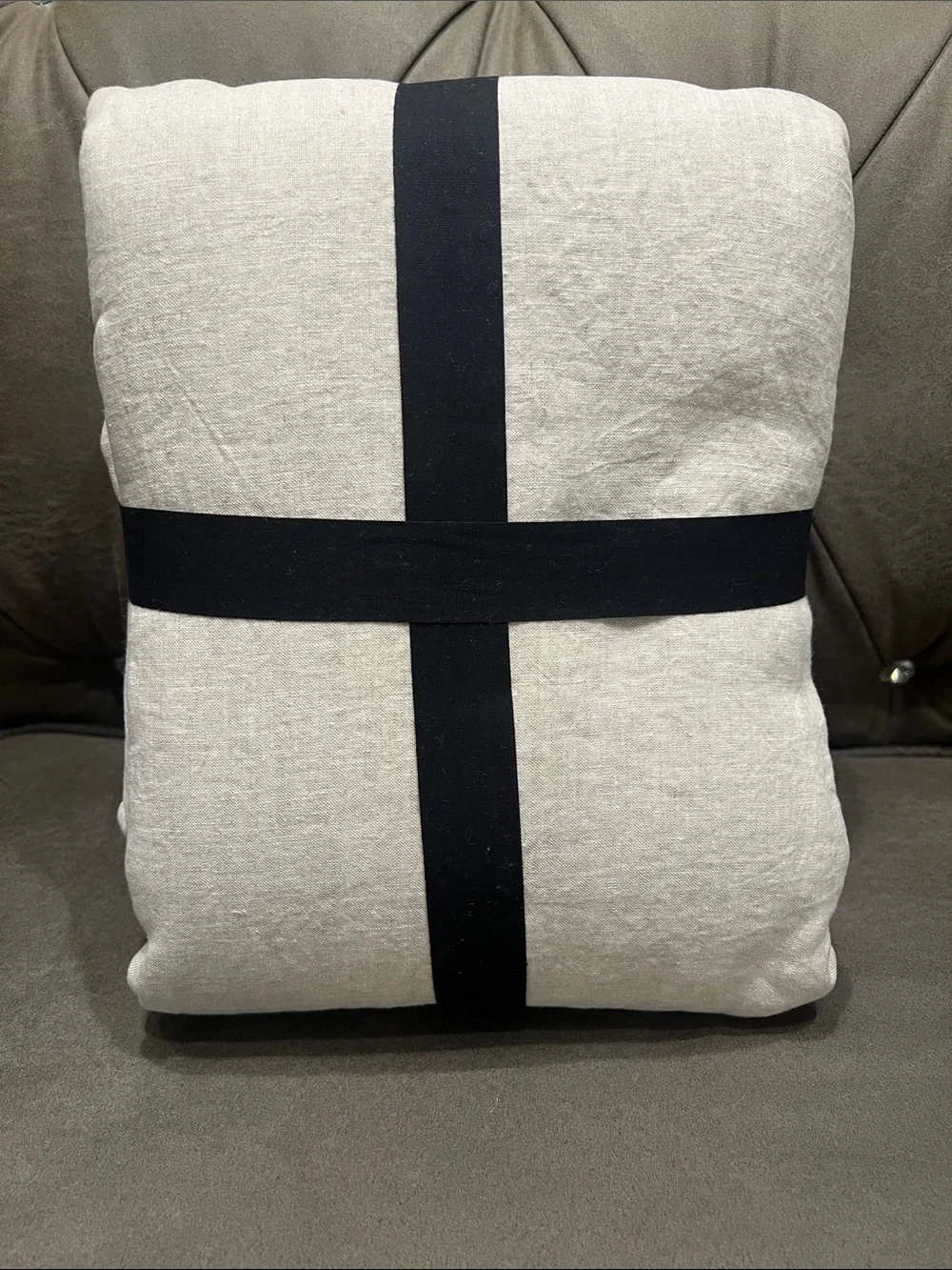 West Elm Natural Linen Duvet Cover with Black Tie Accent